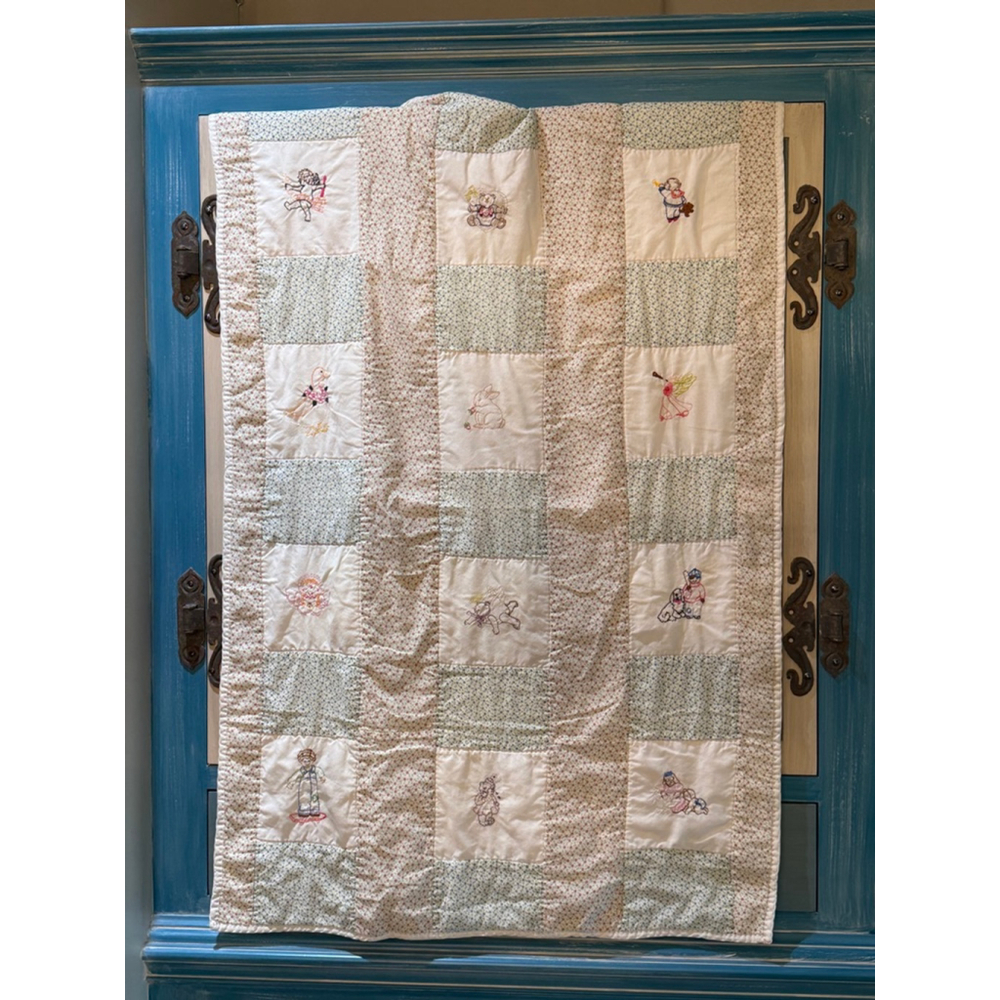 Unbranded Vintage Cotton Hand-Embroidered Baby Quilt, Twin, White & Blue
